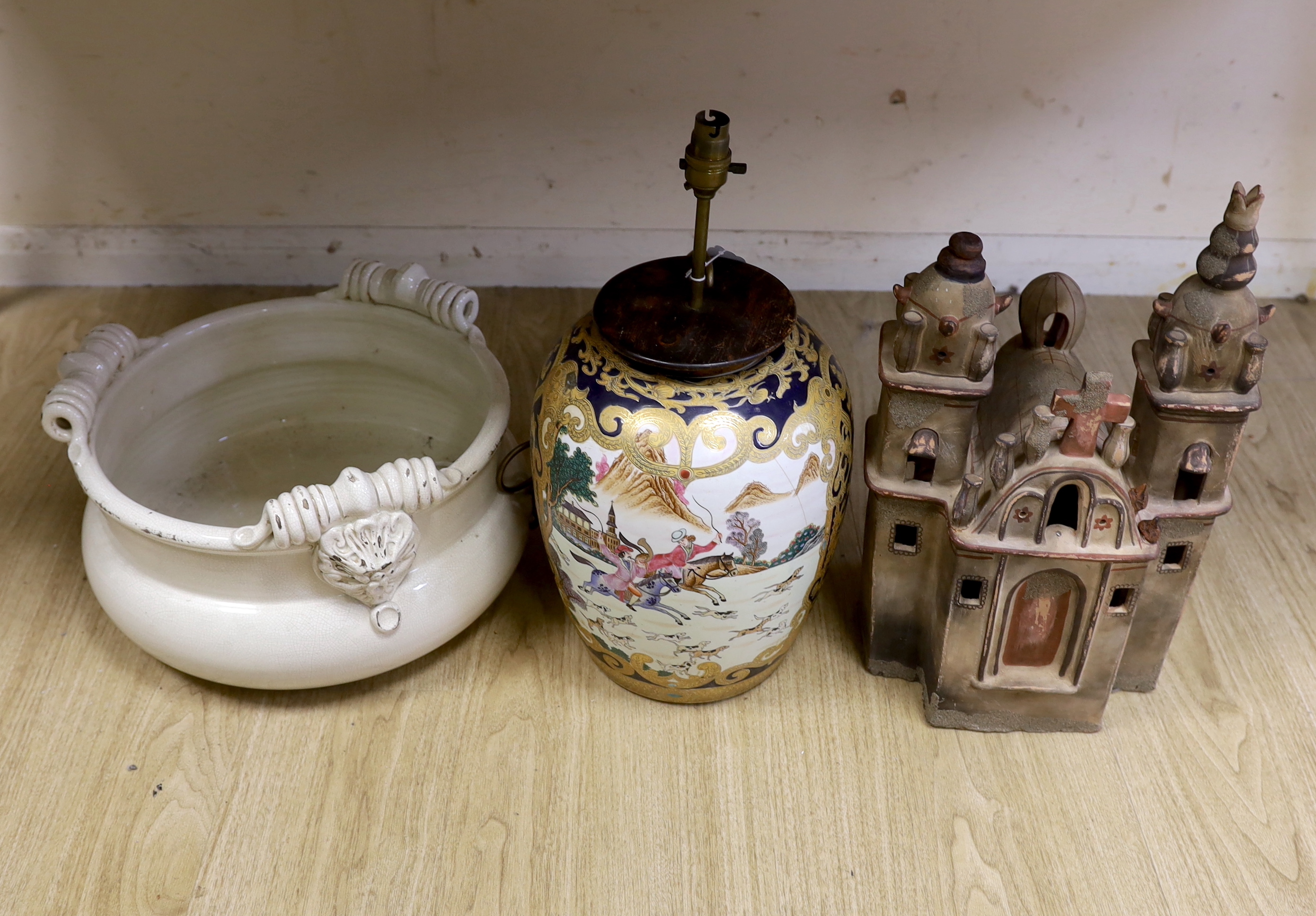 A large pottery cream ground jardiniere, Chinese lamp and architectural pottery lantern / night light, Chinese lamp 23cm high not including fitting